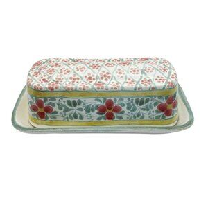 Hand Painted Floral Pattern Ceramic Covered Butter Dish Signed